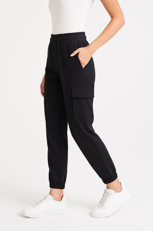 Black Jogger Sweatpants - Relaxed Fit, Cargo Pockets, Elastic Cuffs, Everyday Sport Pants - Black