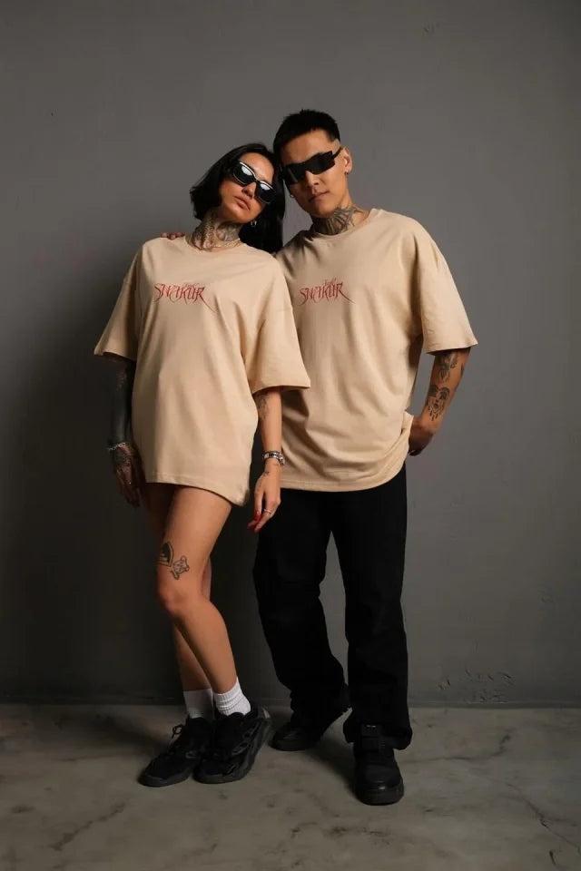 Erkek Oversize Tişört – Beyaz 24/1 Penye Kumaş, Bisiklet Yaka, Ön - Arka Baskılı, Streetwear Tarzı Rahat Büyük Kalıp T-Shirt - Bej