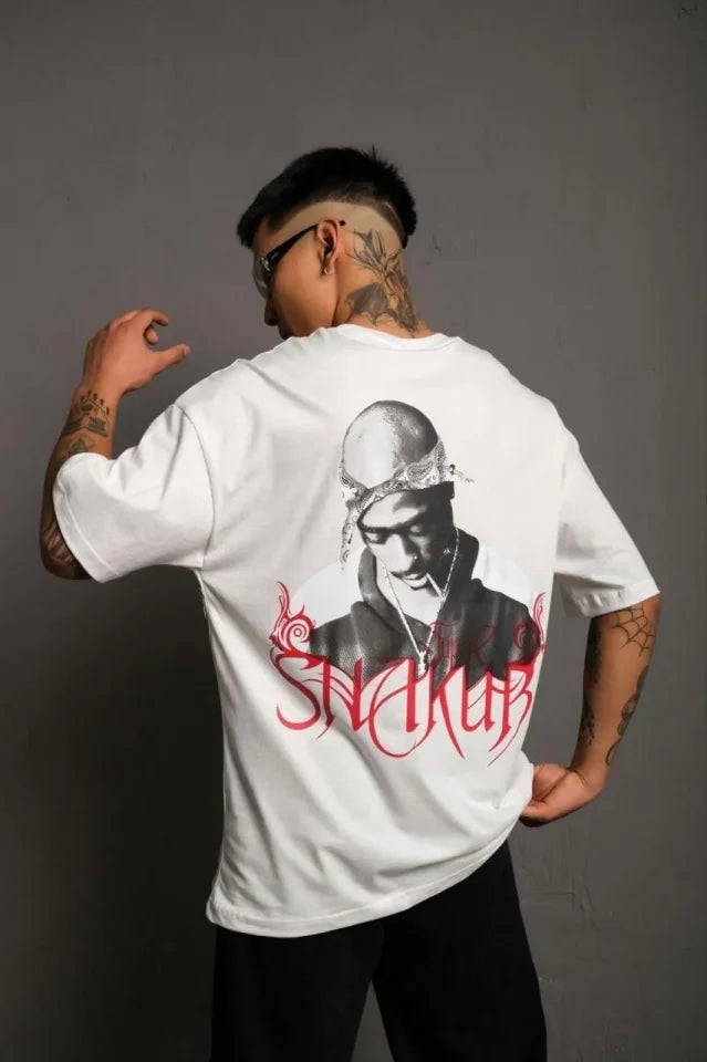Erkek Oversize Tişört – Beyaz 24/1 Penye Kumaş, Bisiklet Yaka, Ön - Arka Baskılı, Streetwear Tarzı Rahat Büyük Kalıp T-Shirt- Beyaz
