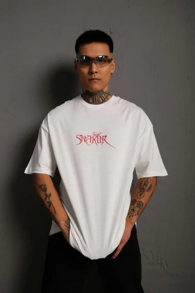 Erkek Oversize Tişört – Beyaz 24/1 Penye Kumaş, Bisiklet Yaka, Ön - Arka Baskılı, Streetwear Tarzı Rahat Büyük Kalıp T-Shirt- Beyaz