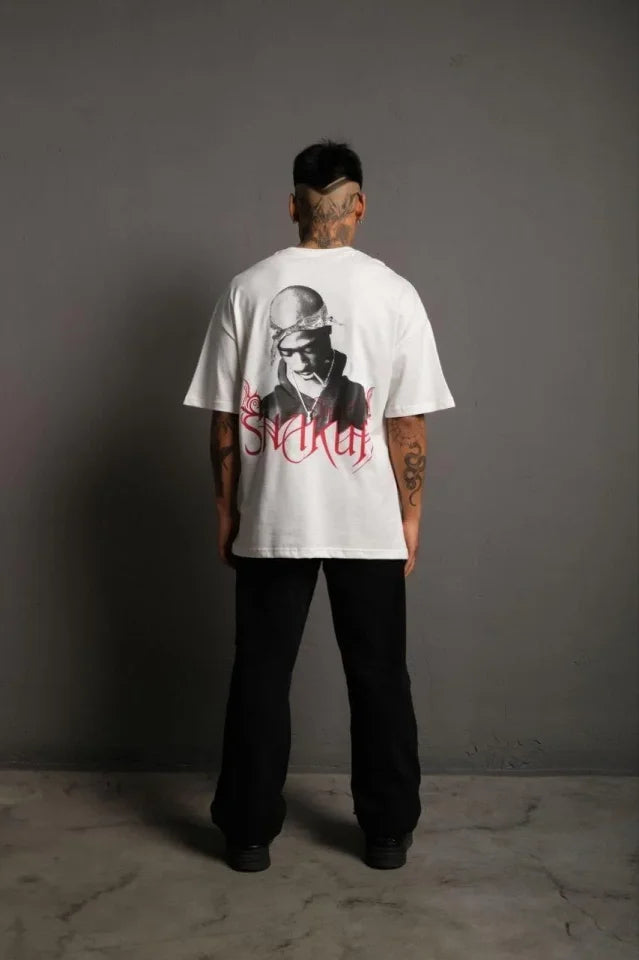 Erkek Oversize Tişört – Beyaz 24/1 Penye Kumaş, Bisiklet Yaka, Ön - Arka Baskılı, Streetwear Tarzı Rahat Büyük Kalıp T-Shirt- Beyaz