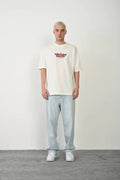 Unisex Bisiklet Yaka Baskılı Oversize T-Shirt - Beyaz