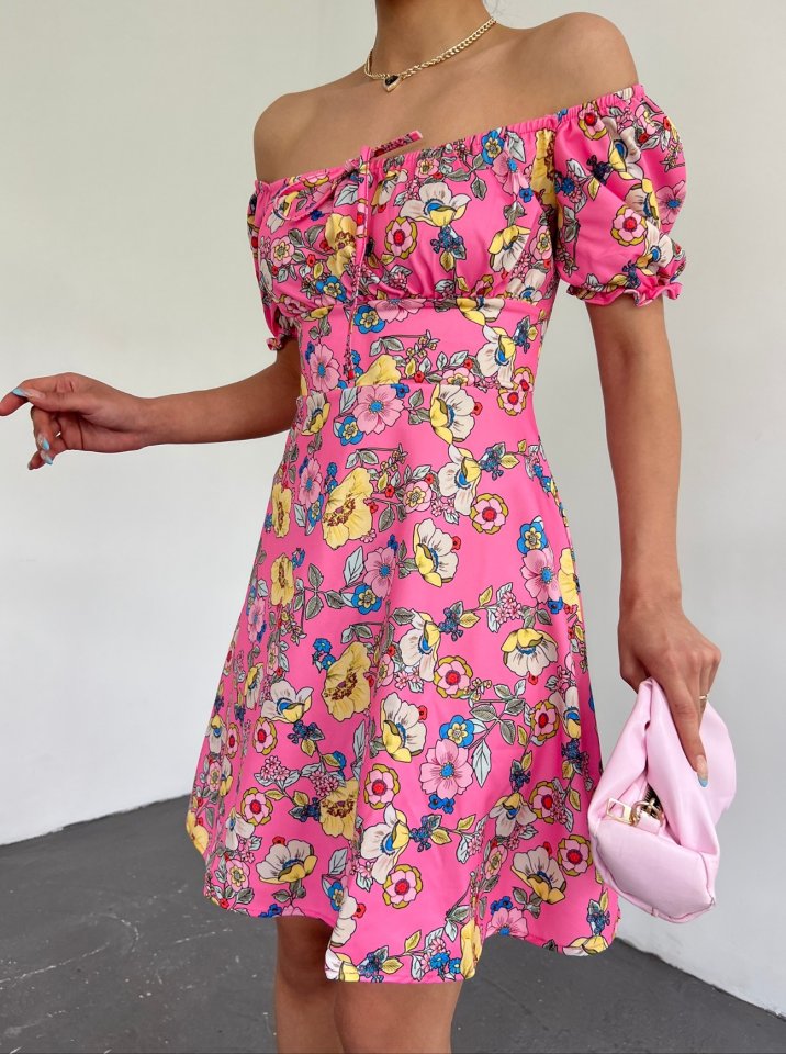Yakası Lastikli Bağcık Detaylı Mini Elbise -Pembe