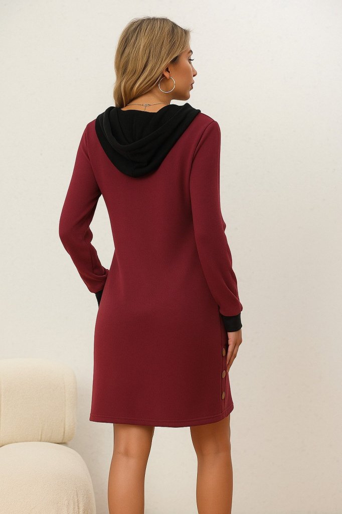 Women's Long Sleeve Hooded Front Zip Buttoned Mini Two Thread Dress
