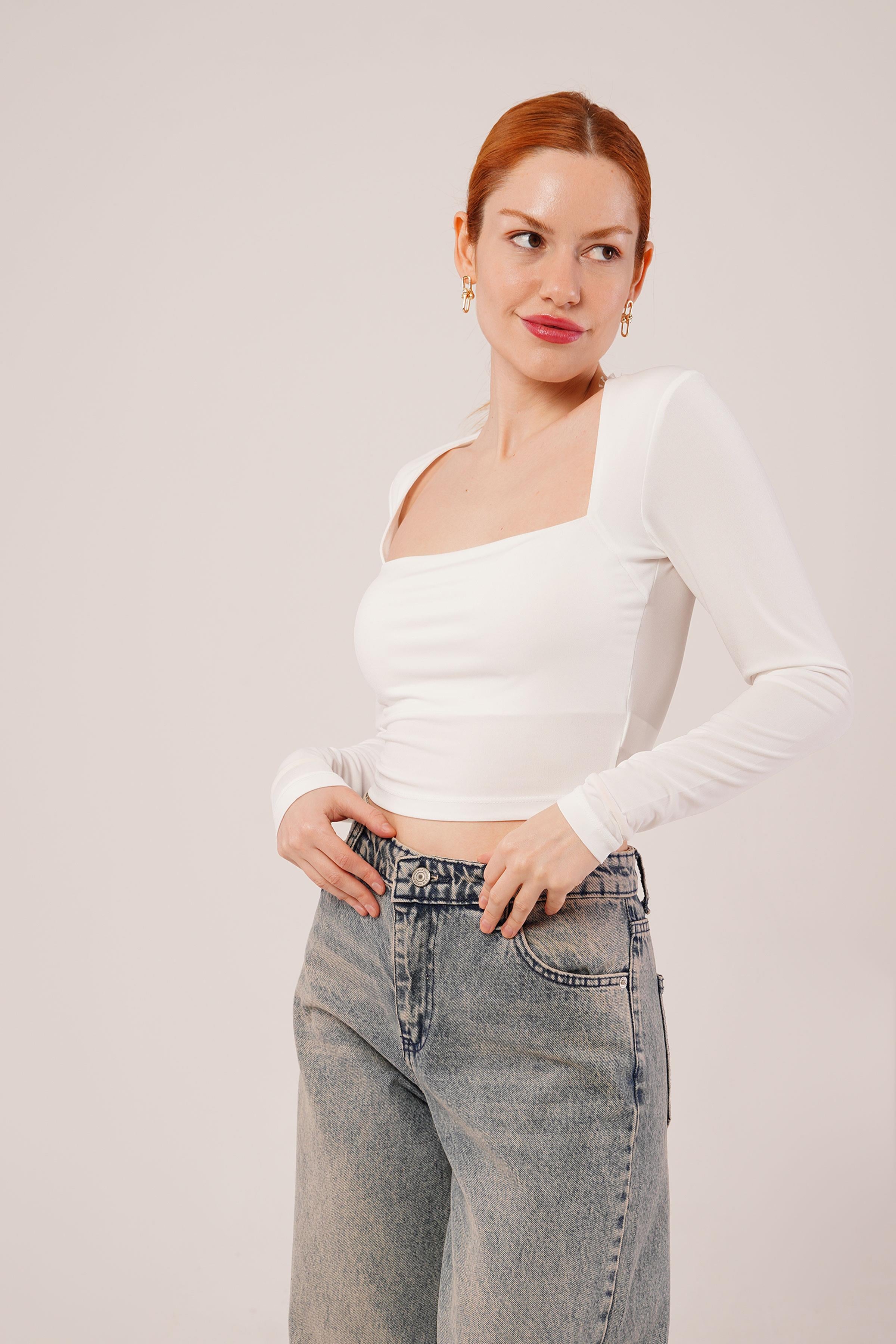 Square Neck Basic White Blouse