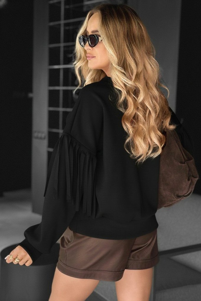 Women's Long Sleeve Crew Neck Tasseled Modal Blouse