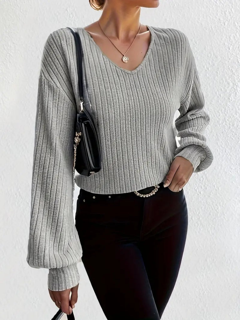 Women's Long Sleeve V-Neck Loose Brushed Rib Blouse