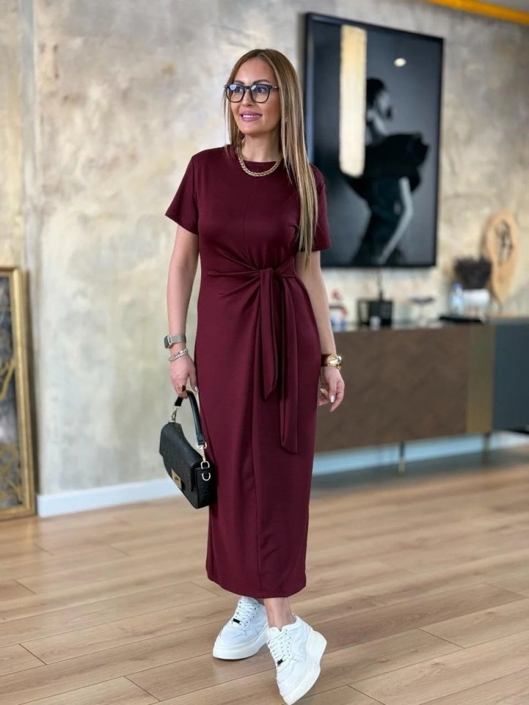 Women's Short-Sleeved Crew Neck Side Tie Viscose Two-Thread Dress