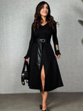 Women's Long Sleeve Collared Midi Viscose Double Thread Dress with Leather Waist Detail and Slit