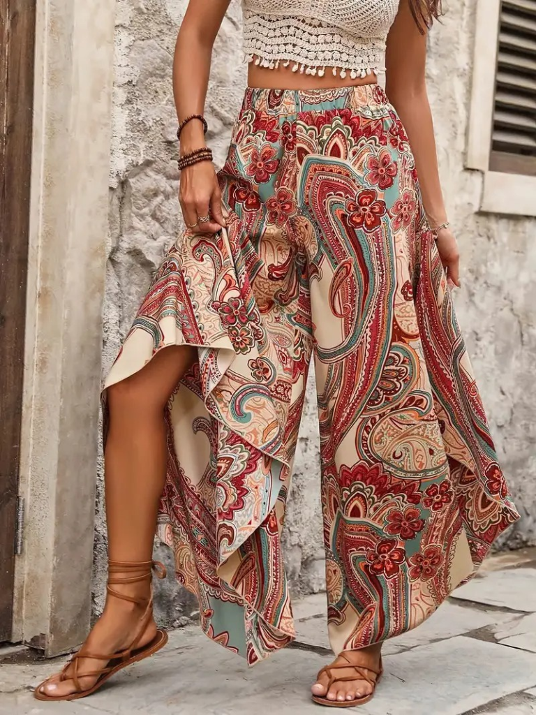 Women's High Waisted Elasticated Patterned Wide Leg Suprema Trousers