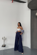 LOOSE-FIT TROUSERS WITH FRONT SLIT DETAIL AND WAIST BELT - Navy Blue
