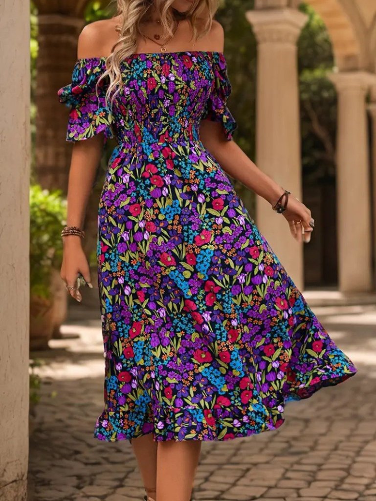Women's Short Sleeve Square Neck Elastic Waist Floral Print Mini Supima Dress