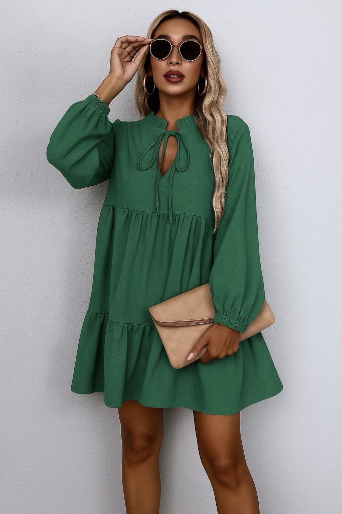 Women's Long Sleeve Tie-Neck Ruffled Linen Mini Dress