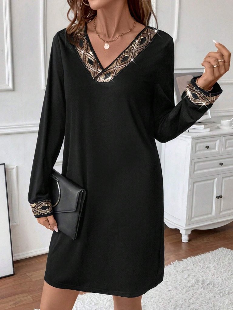 Women's Long-Sleeved V-Neck Sequin-Detailed Mini Imported Crepe Dress