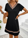 Women's Short Sleeve V-Neck Viscose Dress with Ethnic Pattern Stripe Detail
