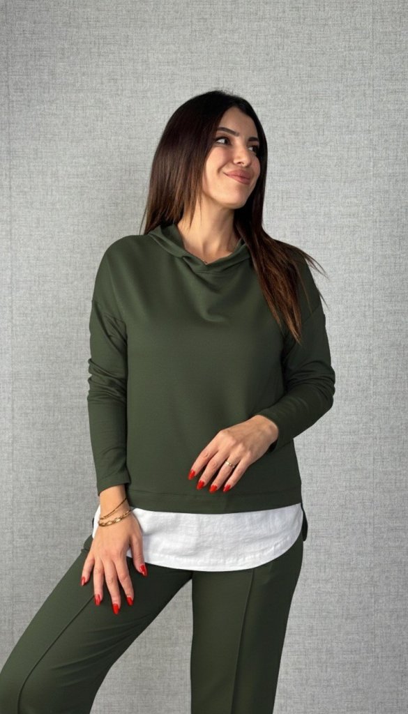 Kadın Uzun Kollu Kapşonlu Bağcıklı Viskon Iki Iplik Bluz Ve Pantolon Ikili Takım