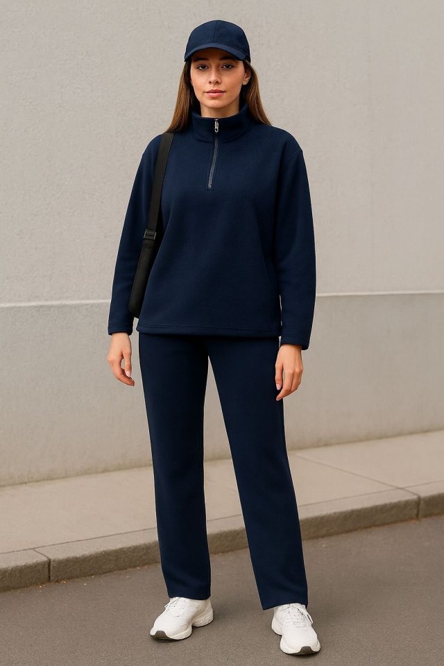 Women's Turtleneck Zipper Detail Fleece Sweatshirt and Pants Set