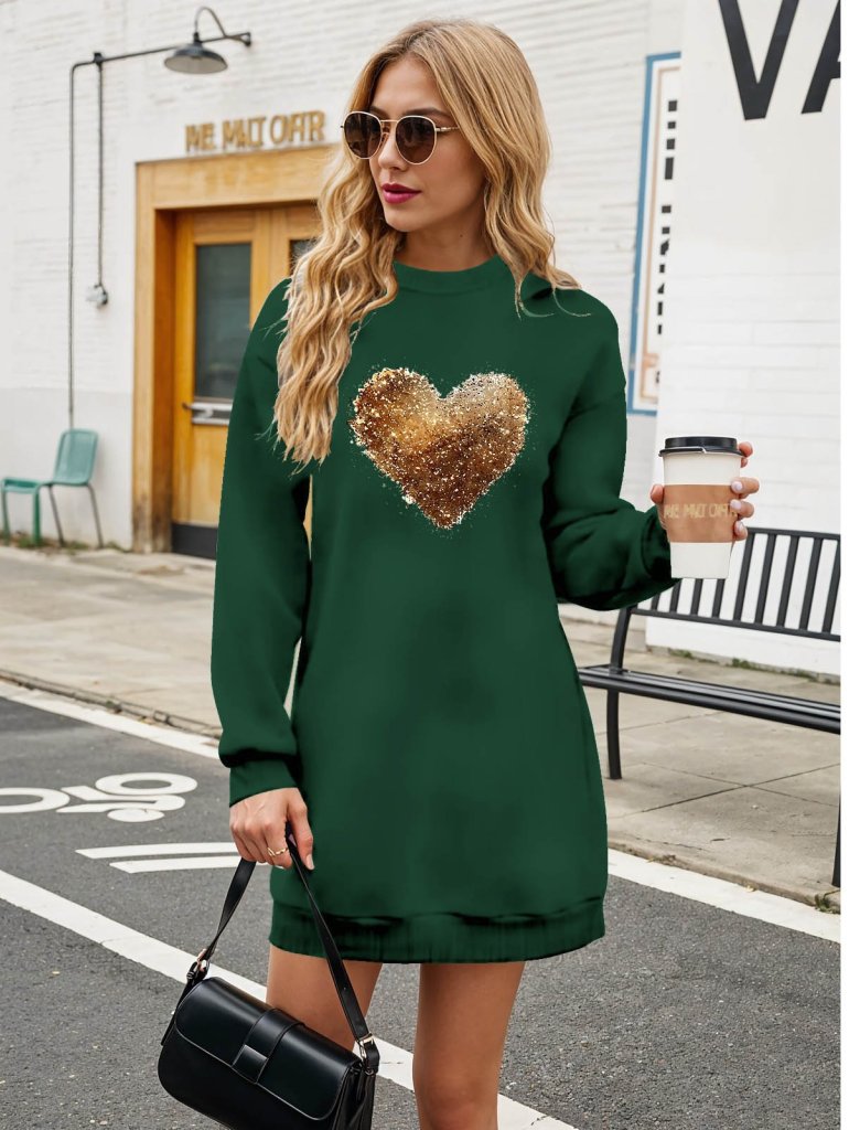 Women's Long-Sleeved Crew Neck Heart Pattern Viscose Two-Yarn Blouse