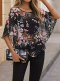 Women's Short-Sleeve Round Neck Floral Print Asymmetrical Chiffon Blouse