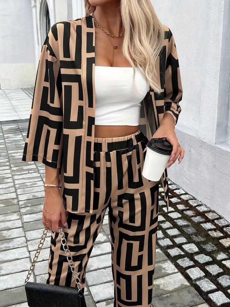 Women's Long Sleeve Open Front Patterned Double-Thread Jacket and Pants Two-Piece Set