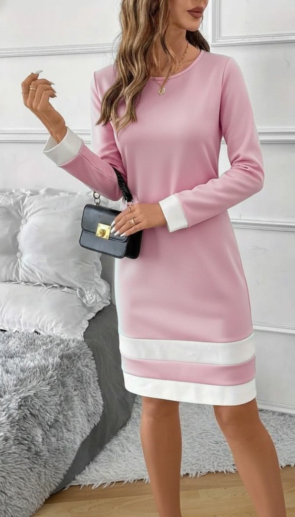 Women's Long Sleeve Round Neck Mini Scuba Dress with Hemline Stripe Detail