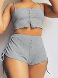 Women's Spaghetti Strap Crop Blouse and Ruched Sides Double Kashkorse Shorts Set
