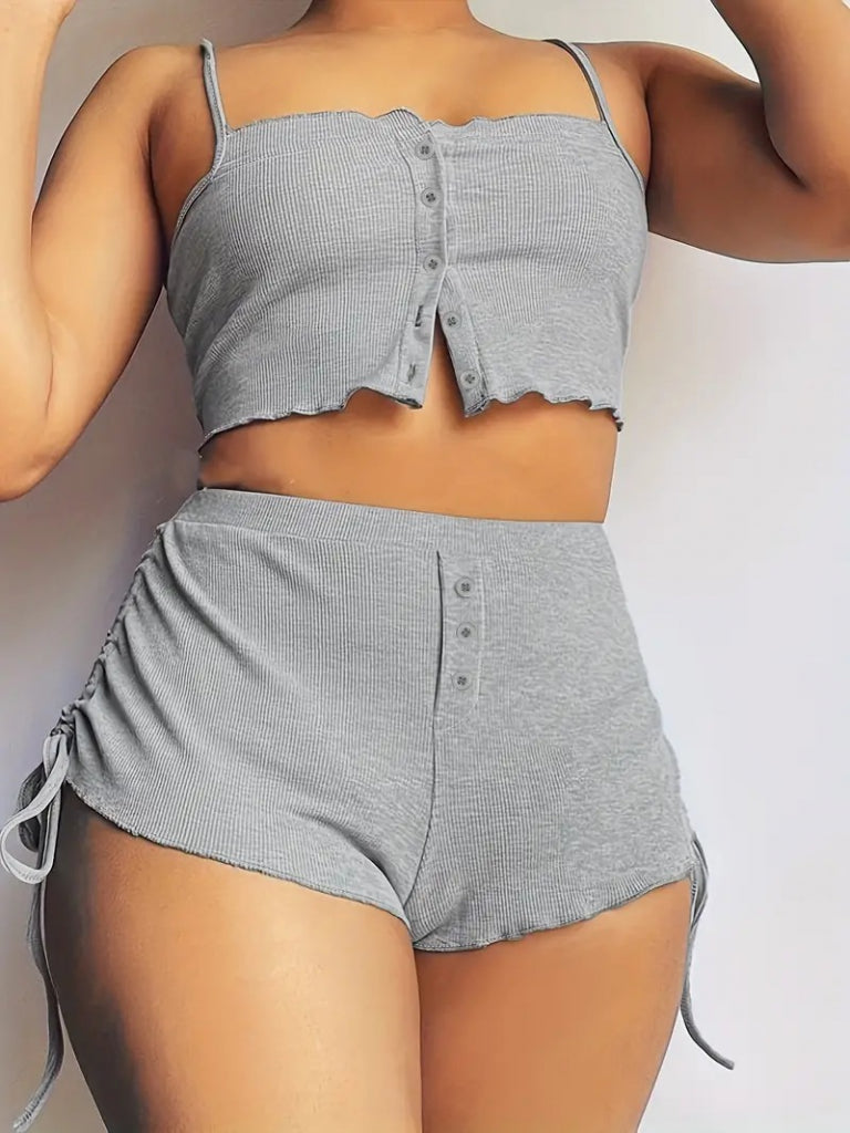 Women's Spaghetti Strap Crop Blouse and Ruched Sides Double Kashkorse Shorts Set
