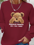 Women's Long Sleeve Crew Neck Teddy Bear Print Viscose Double-Threaded Blouse
