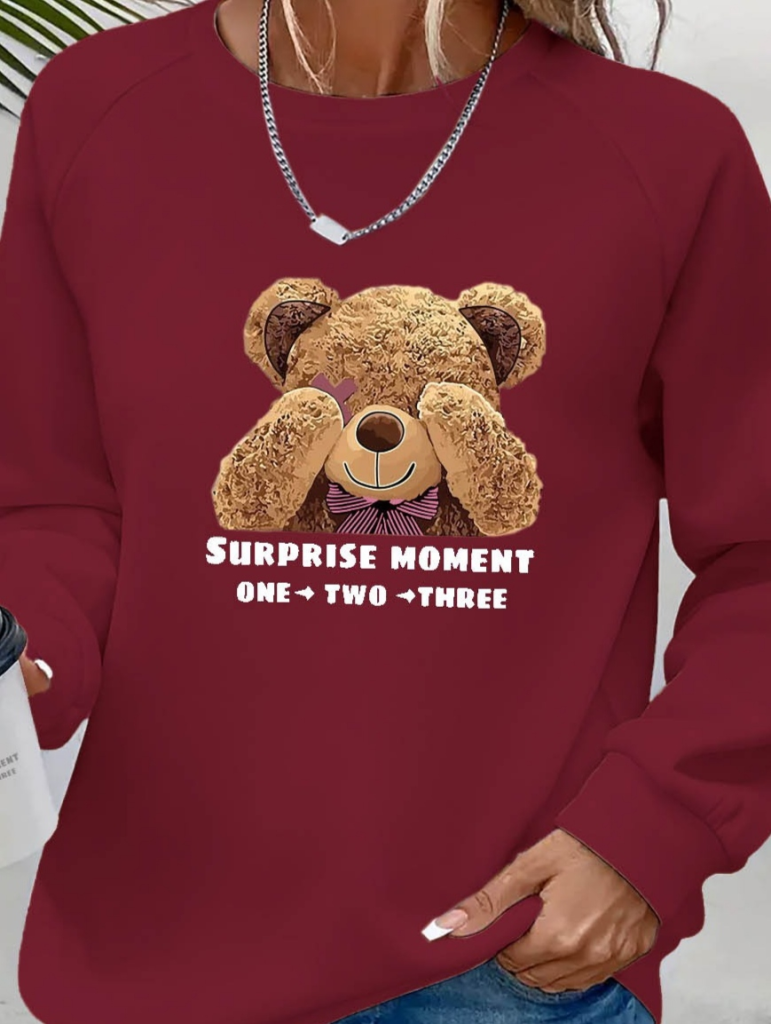 Women's Long Sleeve Crew Neck Teddy Bear Print Viscose Double-Threaded Blouse