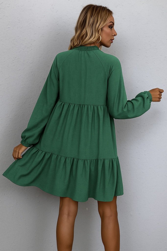 Women's Long Sleeve Tie-Neck Ruffled Linen Mini Dress