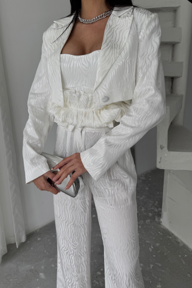 JACQUARD BLOUSE DESIGN DETAILED JACKET-PANTS-BLOUSE 3-PIECE SET - White
