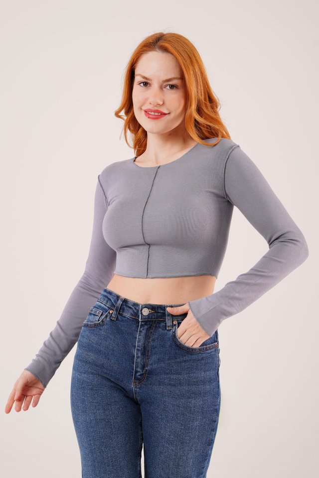 Reversed Stitch Basic Anthracite Bodysuit Blouse