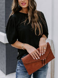 Women's Short Sleeve Pleated Balloon Sleeve Crinkled Blouse