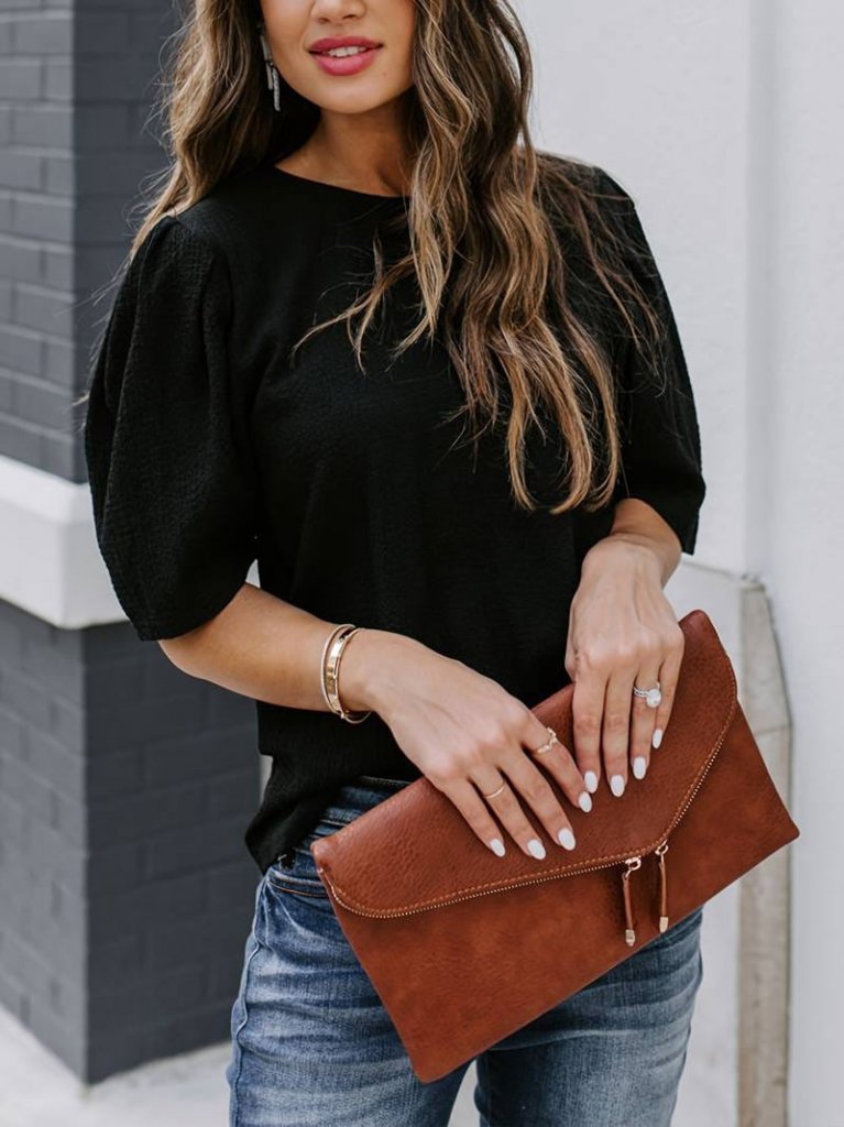 Women's Short Sleeve Pleated Balloon Sleeve Crinkled Blouse