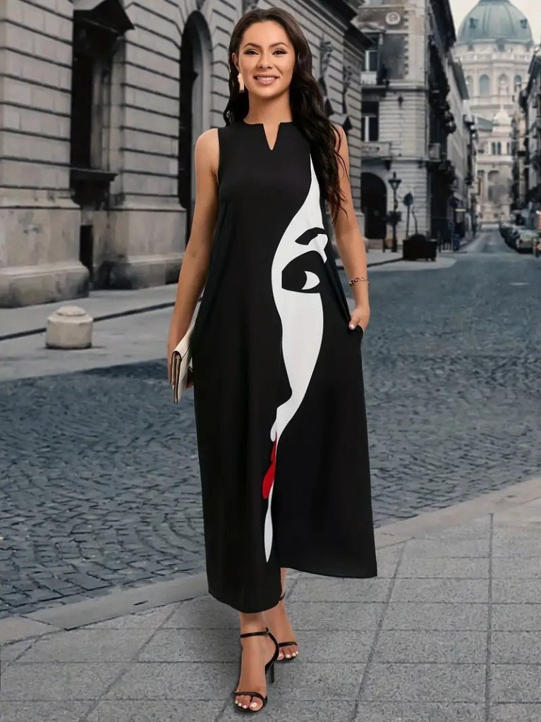 Women's Sleeveless V-Neck Women's Face Patterned Interlock Dress