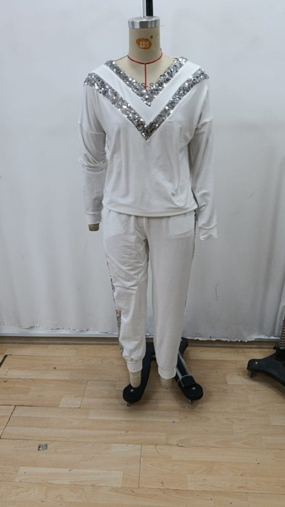 Women's Long Sleeve V-Neck Sequin Viscose Double-Ply Blouse and Pants