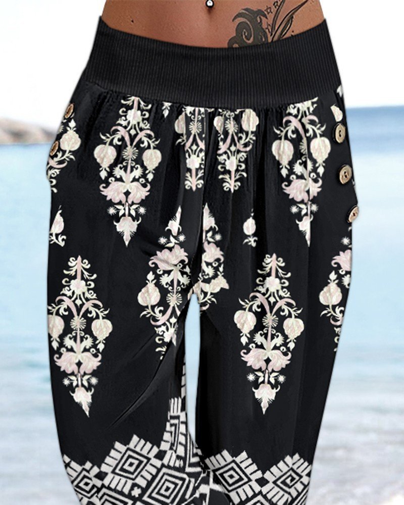 Women's Elastic-Waist Ethnic Print Capri Supra Pants