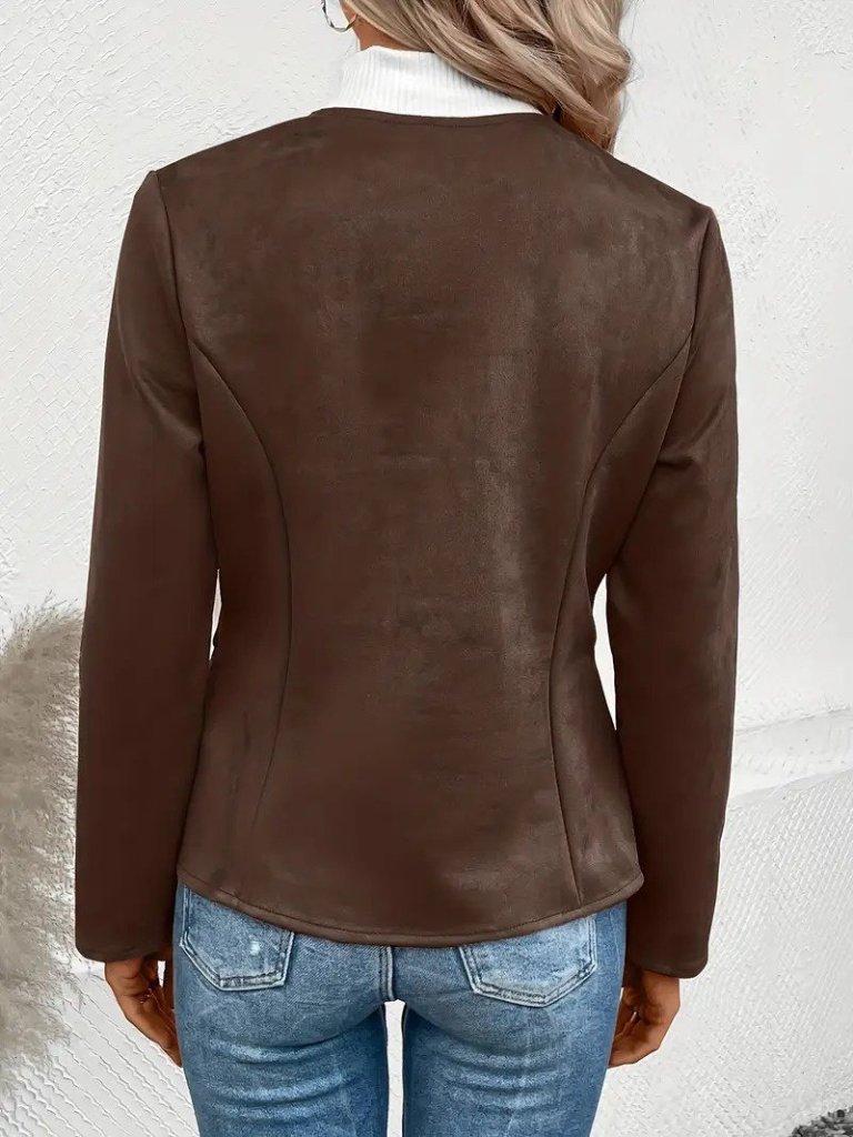 Women's Long Sleeve Round Neck Front Zip Suede Jacket