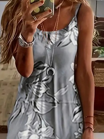 Women's Strappy Round Neck Wide Cut Patterned Supima Dress