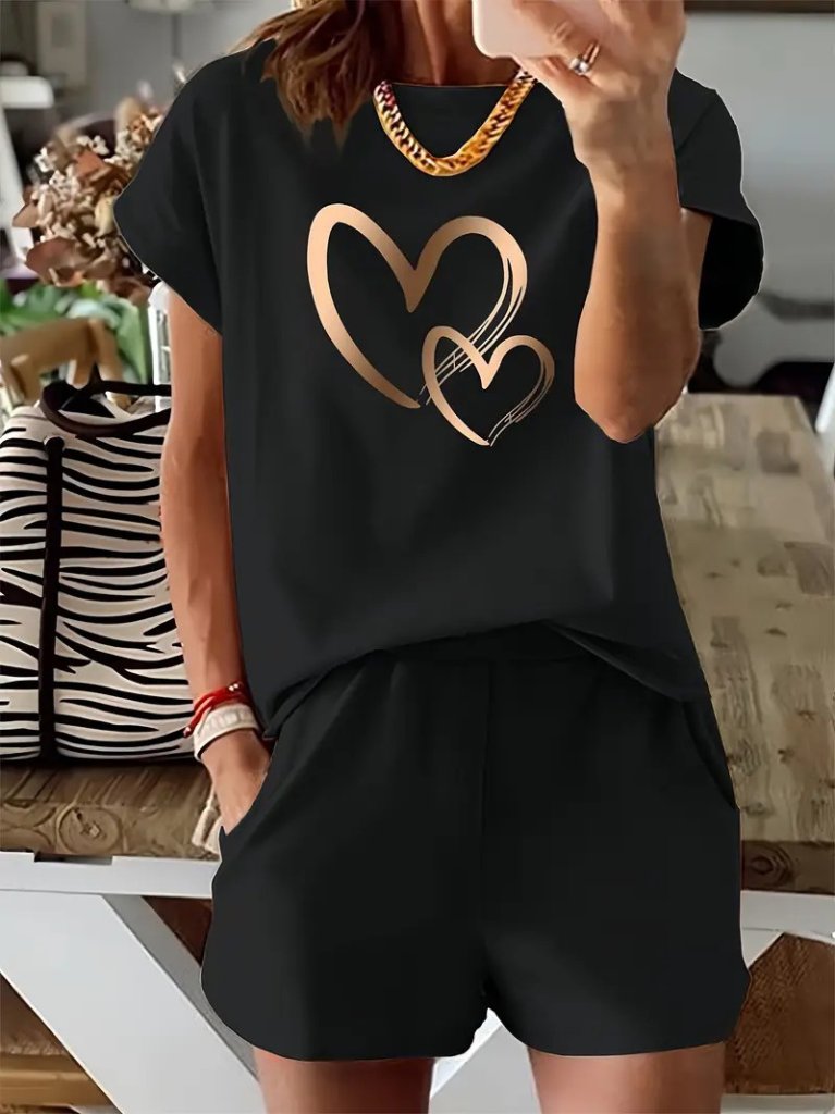 Women's Short Sleeve Crew Neck Viscose Two-Thread Blouse and Shorts Two-Piece Set
