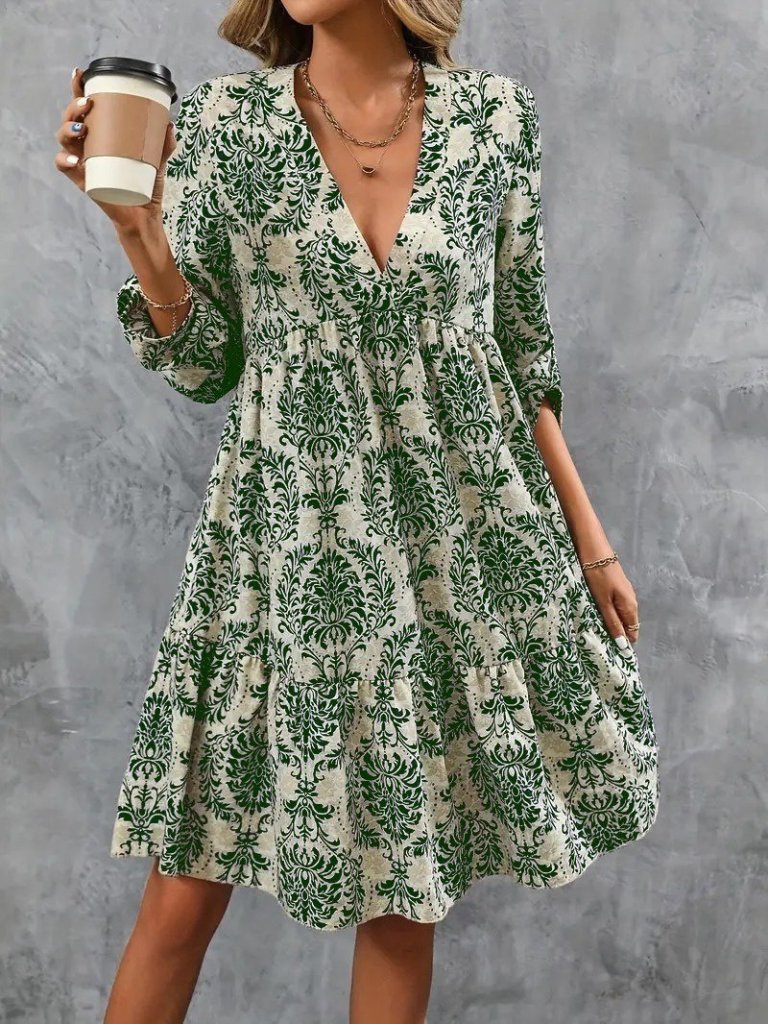Women's Long-Sleeved V-Neck Ruffle Mini Jersey Dress
