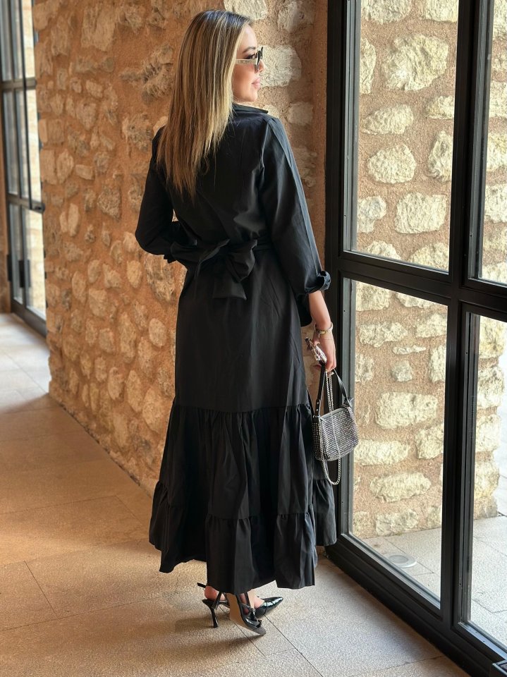 Women's Long Sleeve Ruffle Skirt Belted Tricot Full Length Shirt Dress