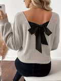 Women's Long Sleeve V-Neck Ribbed Blouse with Back Ribbon Detail