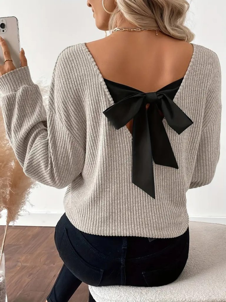 Women's Long Sleeve V-Neck Ribbed Blouse with Back Ribbon Detail