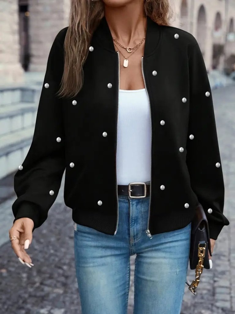Women's Long Sleeve Front Zip Pearly Short Modal Jacket