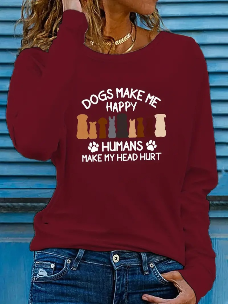 Women's Long Sleeve Crew Neck Viscose Blouse with Dog Print