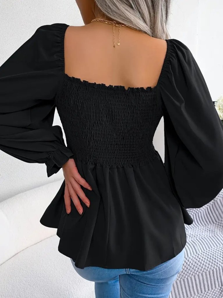 Women's Long Sleeve Geometric Collared Crêpe Blouse with Shirring Detail