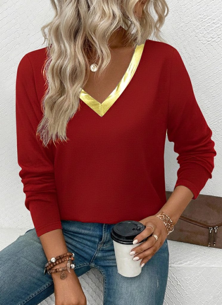 Women's Long Sleeve V-Neck Shimmer Detail Viscose Blouse