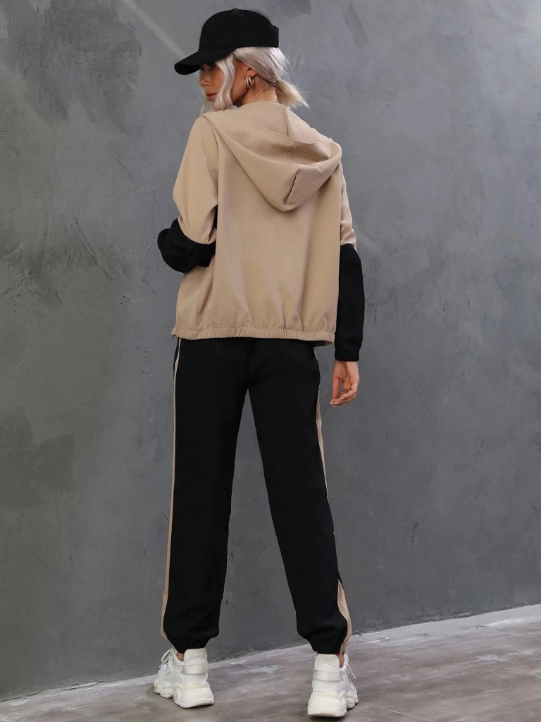 Women's Long Sleeve Hooded Front Zip Viscose Two Thread Blouse and Trousers Two-Piece Set