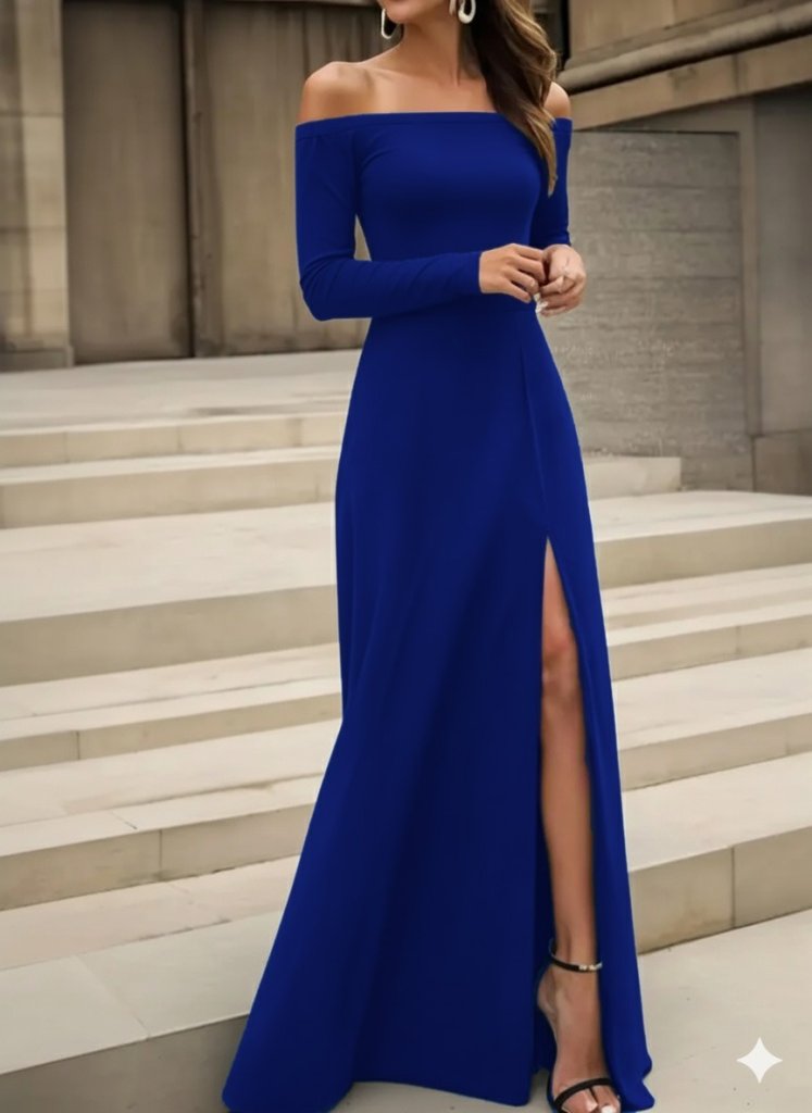 Women's Long-Sleeved Madonna Neck Slit Detail Long Imported Crepe Dress
